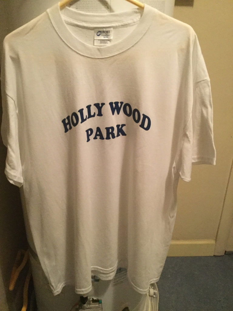 white t-shirt with Hollywood Park letters